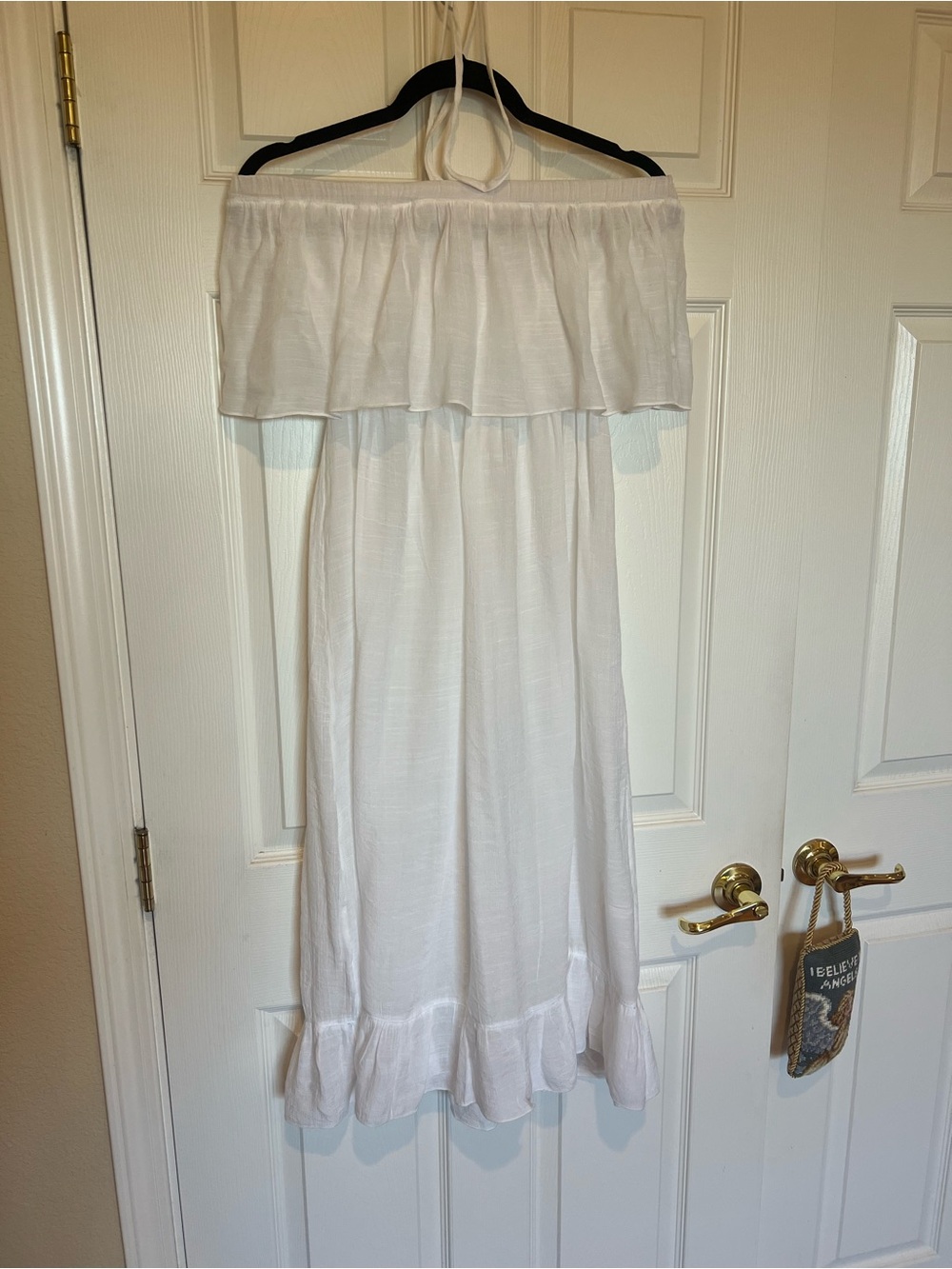 White Ruffle Short Maxi Dress with Cross Strap at Neck.